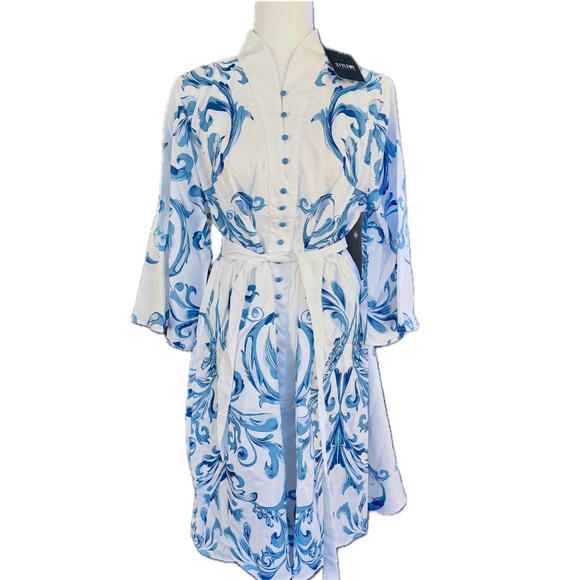 Urban Stand Collar Regular Fit Shirt Dress With Belt Color:Blue Size:XL - Picture 2 of 7
